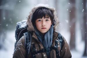 AI generated Asian boy lost in forest at snowy winter day, neural network generated photorealistic image photo