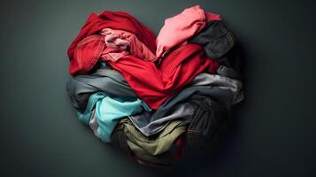 AI generated used clothes folded to form a heart on grey background, neural network generated photorealistic image photo