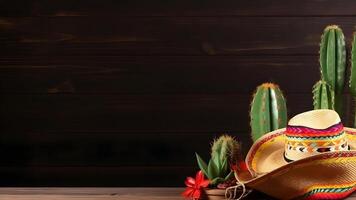 AI generated Cinco de Mayo holiday background with Mexican cactus, sombrero hat on wooden surface, neural network generated image photo