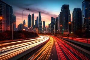 AI generated multi-lane highway with blurred traffic lights trails with large night city downtown in the background, neural network generated image photo