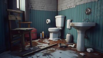 AI generated old dirty and neglected abandoned toilet room, neural network generated photorealistic image photo