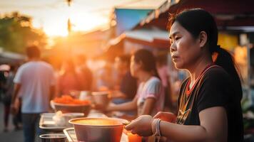 AI generated thai woman selling pho at evening street market, neural network generated image photo