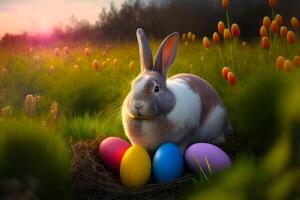 AI generated Easter bunny or rabbit on spring meadow with colorful eggs flowers at sintise, holiday greeting card, generative ai, neural network generated art photo