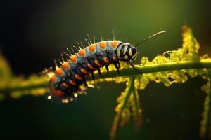 AI generated A caterpillar gliding along a branch on a blurred background photo