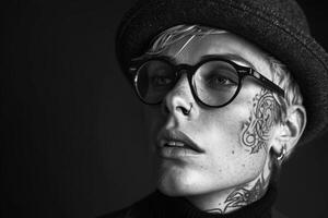 ai generado de moda retrato de un joven hombre con tatuajes en un negro antecedentes foto