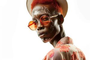 AI generated Portrait of an African man with tattoos on his face in orange clothes and glasses on a white background photo