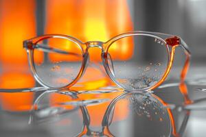 AI generated Glasses lying on the table. The concept of good eyesight photo