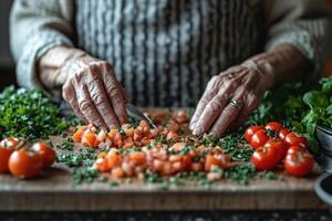 AI generated Women's old hands prepare a fresh salad of organic vegetables on the table photo