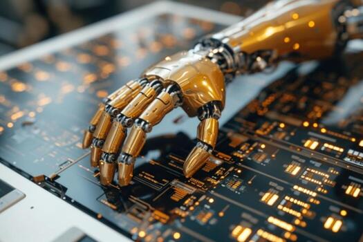 AI generated The robot's hand is resting on an electronic circuit. The concept of Robotization of work processes photo