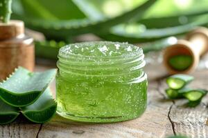 AI generated aloe gel in a cosmetic jar and fresh aloe leaves on a wooden table photo