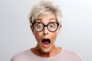 AI generated Surprised gray-haired Caucasian woman on white background. Neural network generated photorealistic image. photo