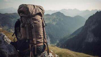 AI generated Big hiking and trekking backpack with blurred mountains in the background, neural network generated picture photo