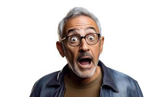 Surprised senior Latin American man on white background. Neural network generated photorealistic image. photo