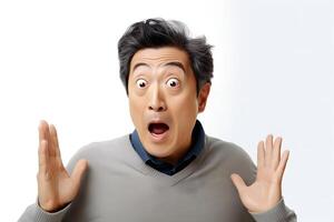 AI generated Surprised Asian man with glasses on white background. Neural network generated photorealistic image. photo