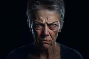 AI generated Angry and disgusted senior Caucasian woman, head and shoulders portrait on black background. Neural network generated photorealistic image photo