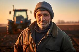 AI generated Farmer in the middle of his plowing field in spring, in the early morning. Neural network generated photorealistic image photo