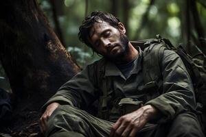 ai generado sucio cansado soldado duerme sentado en profundo bosque piso a verano día, neural red generado imagen foto