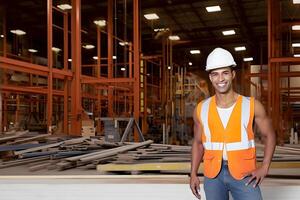 AI generated smiling mixed race male worker with hard hat standing in a warehouse, neural network generated image photo