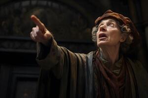 AI generated old Medieval European woman points finger and looking up, neural network generated image photo