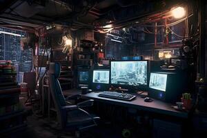 AI generated Messy and dark cyberpunk hacker hideout room. Neural network generated image photo