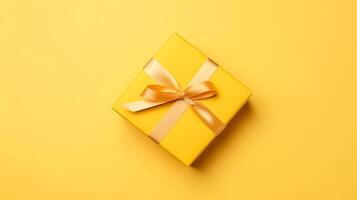 AI generated One yellow gift box in craft wrapping paper and satin ribbon with bow on yellow clean flat surface background, neural network generated image photo
