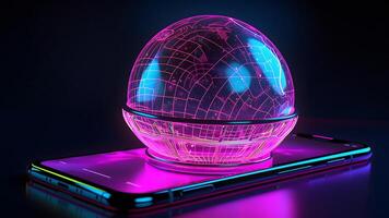 AI generated cellphone laid with screen up with neon glowing sphere on its surface on dark background, neural network generated image photo