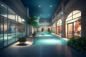 AI generated residential building indoor public swimming pool, neural network generated photorealistic image photo