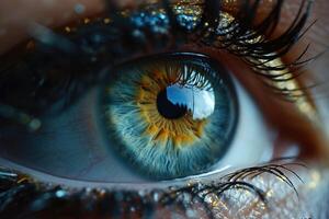 ai generado Perfecto macro fotografía de azul ojos y Perfecto vista foto