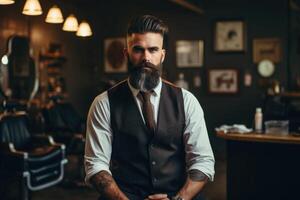 AI generated An adult brutal male hairdresser with a beard in formal attire in a barbershop photo