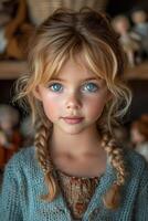 AI generated A close-up portrait of a little girl .She is a pretty, sweet, attractive, curious, creative, cheerful girl photo