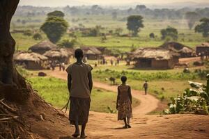 ai generado un africano aldea. personas caminando a lo largo el la carretera en África foto