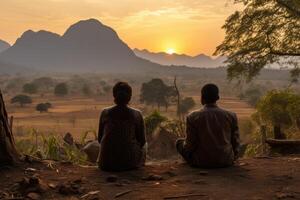 ai generado dos local africanos son sentado en contra el antecedentes de naturaleza. el paisaje de África foto