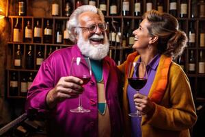 AI generated A cheerful elderly couple, a man and a woman, drink wine in their wine cellar photo