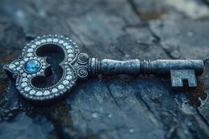 AI generated An old designer key with a lock decoration lies on a wooden background photo