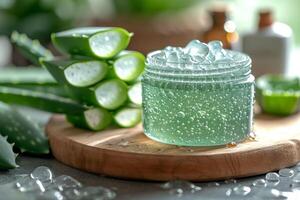 AI generated aloe gel in a cosmetic jar and fresh aloe leaves on a wooden table photo