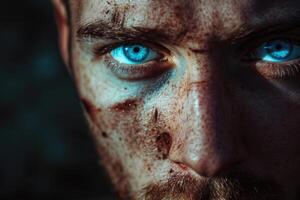 ai generado de cerca de un manchado grave masculino cara con azul ojos en un oscuro antecedentes foto