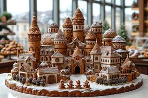 AI generated A designer large handmade chocolate cake castle stands on the table photo