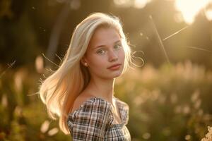 ai generado retrato de un joven hermosa niña con rubia pelo en verano en un campo en el luz de sol foto