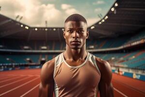 ai generado retrato de un pista y campo atleta a un competencia en contra el antecedentes de un estadio foto