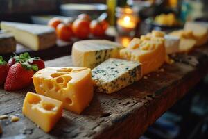 AI generated Slicing different cheeses lying on a wooden board against the background of the kitchen photo