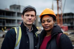 AI generated Portrait of two professional engineers or technicians standing in the background of a construction site photo