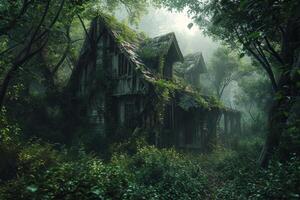 AI generated An old gloomy lost house in the woods in the wilderness photo