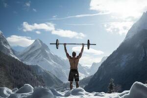 AI generated A beefy man with a strong athletic build with a naked torso in shorts lifts a barbell against the background of snowy mountains photo