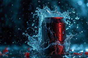 AI generated An aluminum beverage jar for your advertisement with splashes and drops of water photo