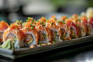 ai generado un docena fusión Sushi rollos servido en un elegante plato foto