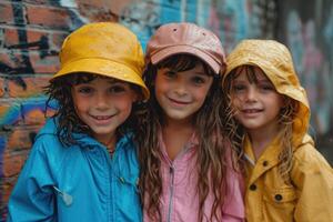 AI generated Three cheerful children in bright clothes have fun spending their summer holidays outdoors photo