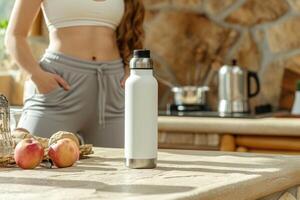 ai generado un contento joven mujer con un muscular cuerpo soportes en el cocina y prepara un Fruta zalamero foto