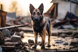 ai generado solo mojado y sucio alemán pastor perro después desastre en el antecedentes de casa escombros, neural red generado imagen foto