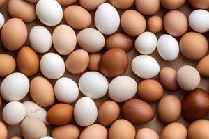 AI generated seamless full-frame high angle view background and texture of piled white and brown chicken eggs, neural network generated photorealistic image photo