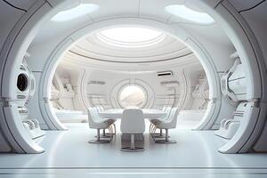 AI generated futuristic white moon base dining room interior, neural network generated image photo